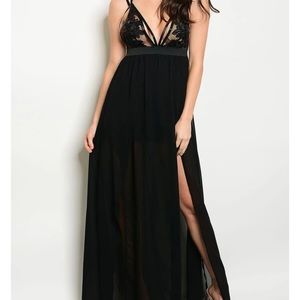 NWT long black sexy dress bra style back size large by babe